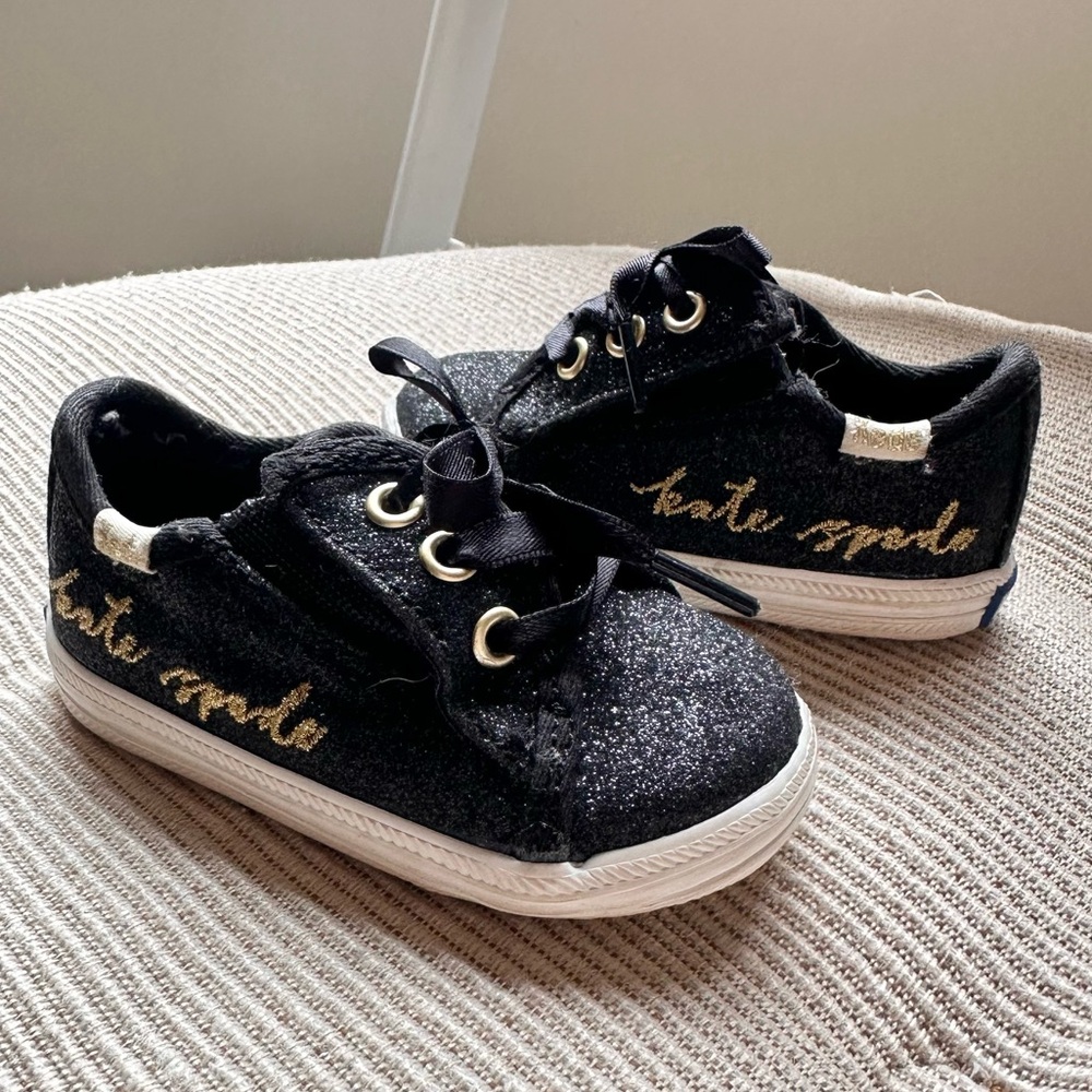 Kate Spade x Keds Black Gold Baby Girl Kids Sneakers Shoes Glitter Velcro Size 1